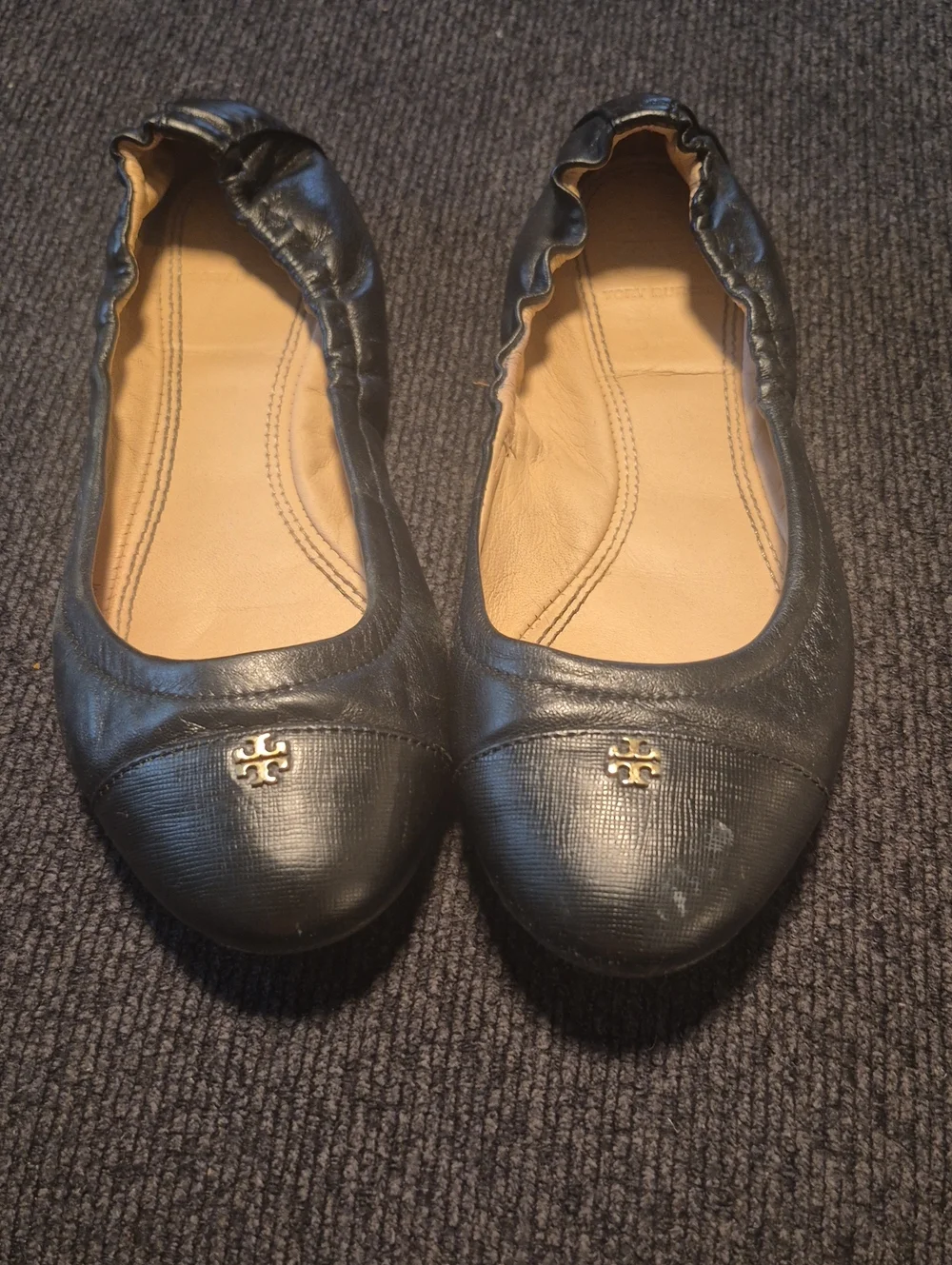 Tory Burch Black Leather Logo Ballet Flats